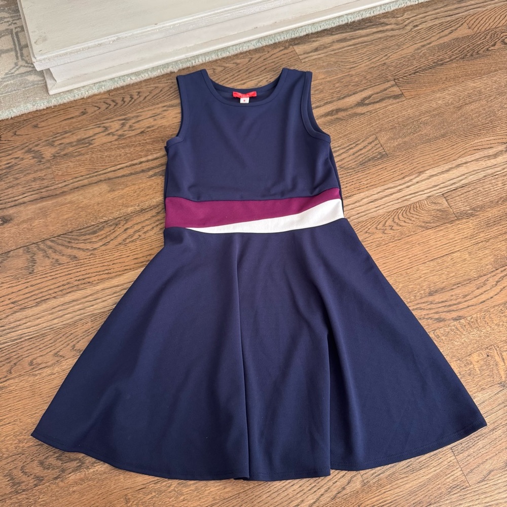 Aqua Girls Navy Sleeveless Fit-and-Flare Dress with Wine and White Waistband